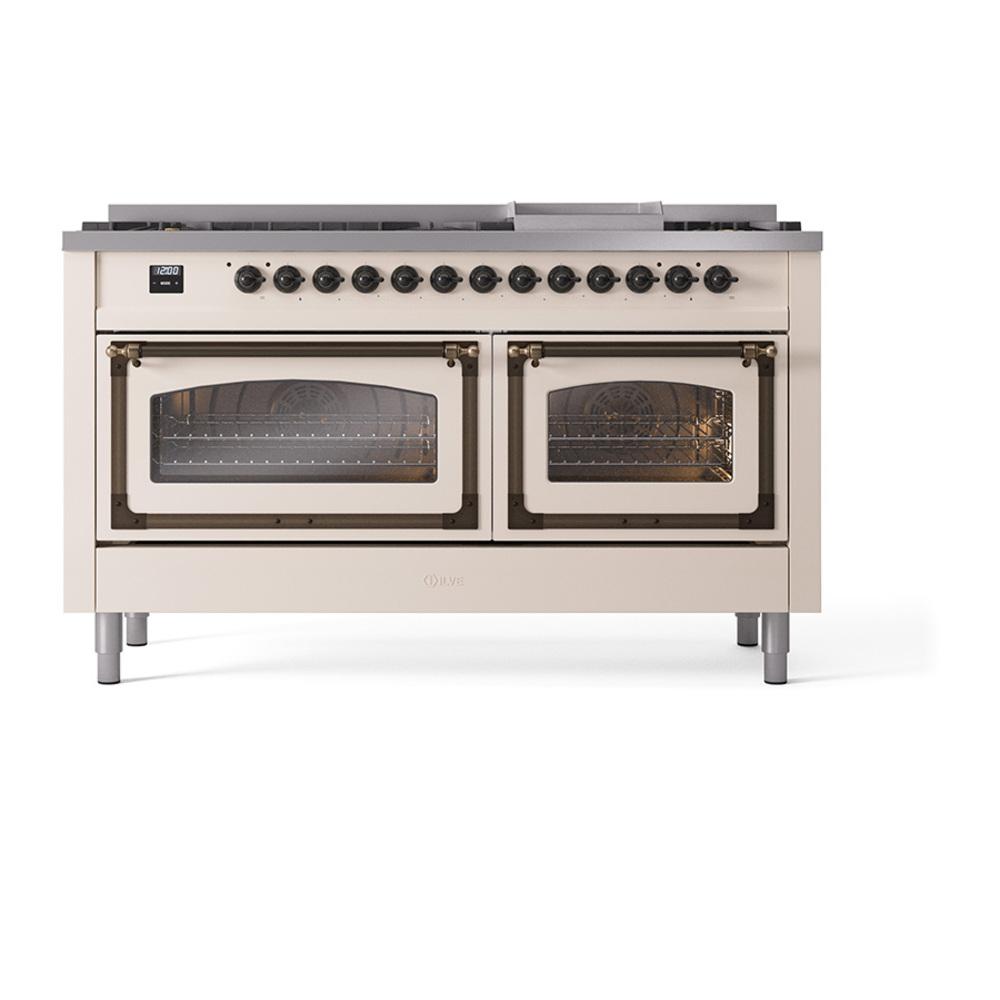 ILVE UN60FNMPAWB Nostalgie II Noblesse 60 inch Dual Fuel Range (9 Sealed Burners + Griddle, Natural Gas, Triple Glass Door, Antique White, Burnished)