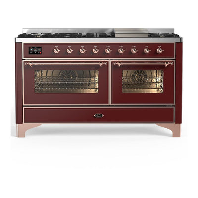 ILVE UM60FNR3BUP Majestic III 60 inch Dual Fuel Range with 9 Burners and Griddle, Dual Function Burner up to 25,000 BTU (Natural Gas, Triple Glass Door, Burgundy, Copper)