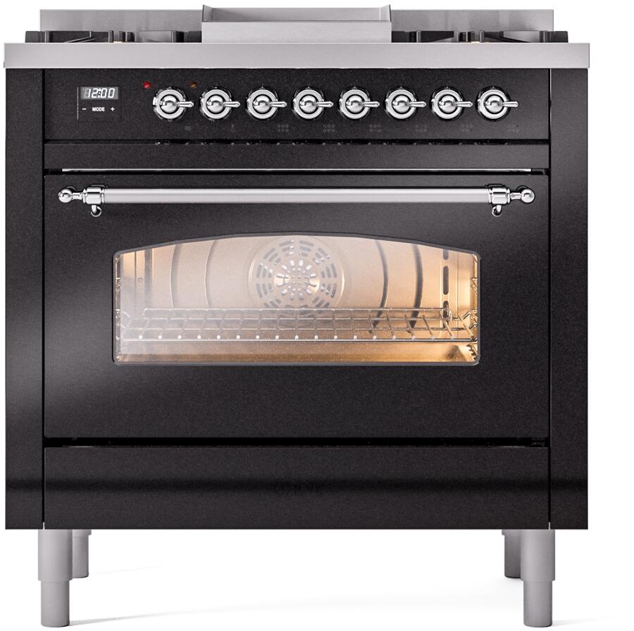 Nostalgie II 36 Inch Dual Fuel Natural Gas Freestanding Range in Glossy Black with Chrome Trim