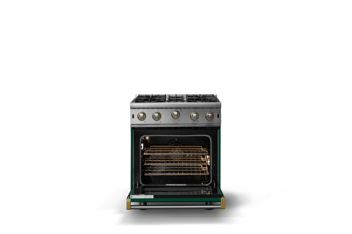 30"W. Open Burner Gas Range (Finish: Ivy, Trim: Brushed Brass, Fuel: Natural Gas)