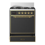 ILVE UM30QNR3MGGLP Majestic III 30 inch Dual Fuel Range with 5 Black Brass Burners, Dual Function Burner up to 25,000 BTU (Liquid Propane, Solid Door, Graphite Matte, Brass)