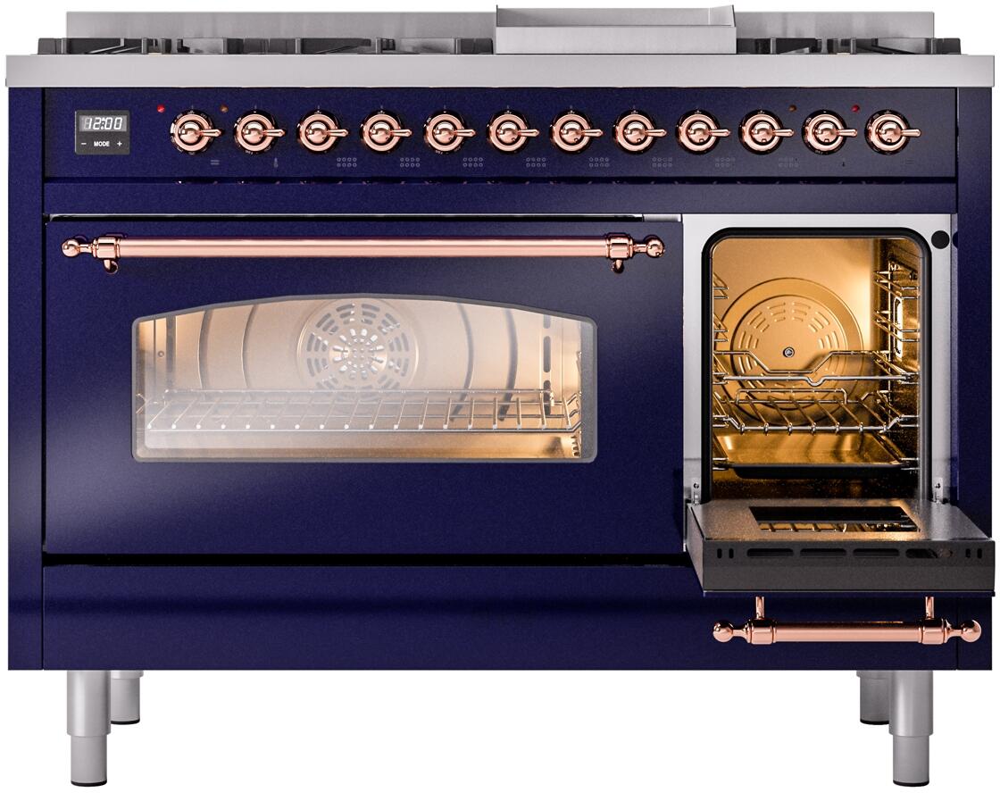 Nostalgie II 48 Inch Dual Fuel Natural Gas Freestanding Range in Blue with Copper Trim