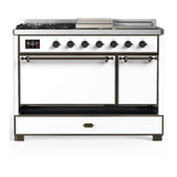 ILVE UM48FSQNR3WHBLP Majestic III 48 inch Dual Fuel Range with 5 Black Brass Burners, Griddle and French Top, Dual Function Burner up to 25,000 BTU (Liquid Propane, Solid Door, White, Burnished)