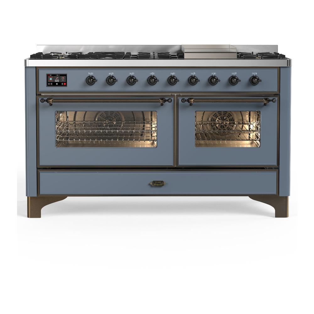 ILVE UM60FNR3BGBLP Majestic III 60 inch Dual Fuel Range with 9 Burners and Griddle, Dual Function Burner up to 25,000 BTU (Liquid Propane, Triple Glass Door, Blue Grey, Burnished)