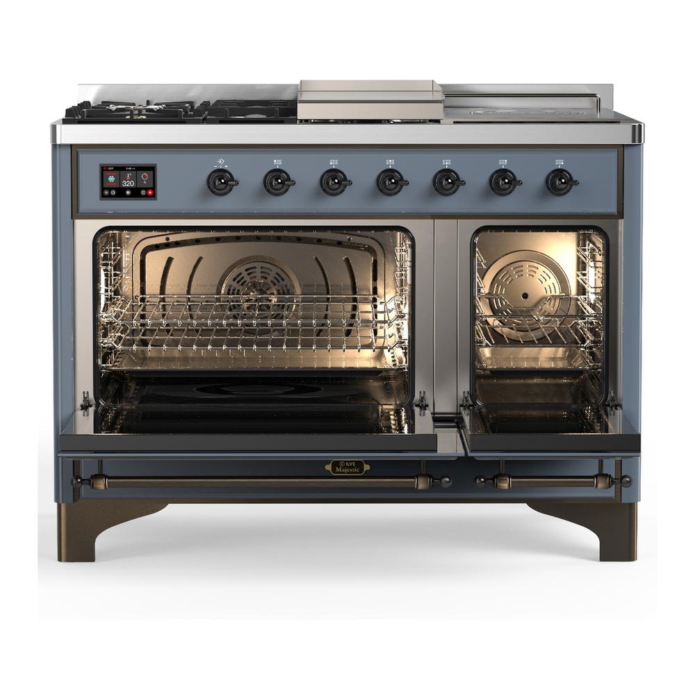 ILVE UM48FSQNR3BGBLP Majestic III 48 inch Dual Fuel Range with 5 Black Brass Burners, Griddle and French Top, Dual Function Burner up to 25,000 BTU (Liquid Propane, Solid Door, Blue Grey, Burnished)
