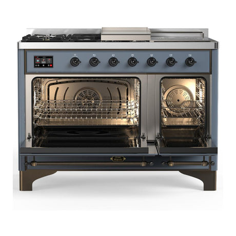 ILVE UM48FSQNR3BGBLP Majestic III 48 inch Dual Fuel Range with 5 Black Brass Burners, Griddle and French Top, Dual Function Burner up to 25,000 BTU (Liquid Propane, Solid Door, Blue Grey, Burnished)