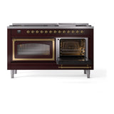 ILVE UN60FNMPBUGLP Nostalgie II Noblesse 60 inch Dual Fuel Range (9 Sealed Burners + Griddle, Liquid Propane, Triple Glass Door, Burgundy, Brass)