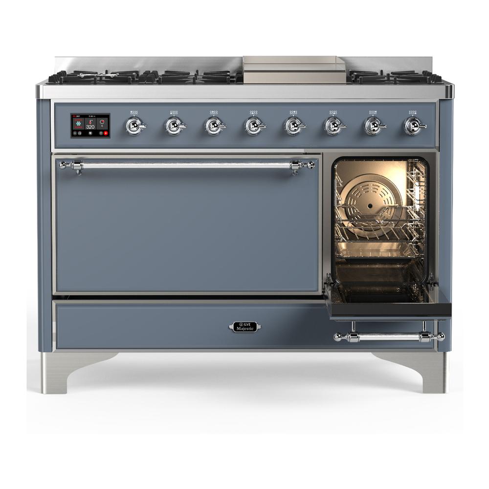 ILVE UM48FQNR3BGCLP Majestic III 48 inch Dual Fuel Range with 8 Burners and Griddle, Dual Function Burner up to 25,000 BTU (Liquid Propane, Solid Door, Blue Grey, Chrome)