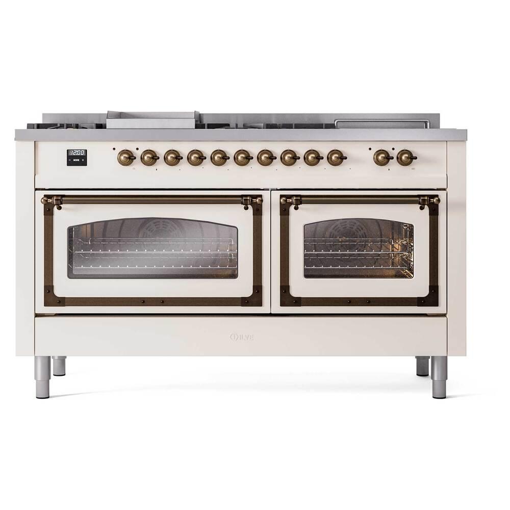 ILVE UN60FSNMPAWBLP Nostalgie II Noblesse 60 inch Dual Fuel Range (7 Sealed Burners + Griddle + French Top, Liquid Propane, Triple Glass Door, Antique White, Burnished)
