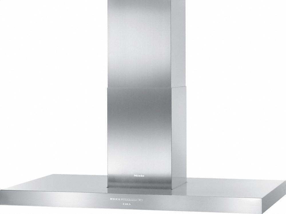 DA 424 V-6 Puristic Varia AM Island d(eback)cor hood with energy-efficient LED lighting and backlit controls for easy use.