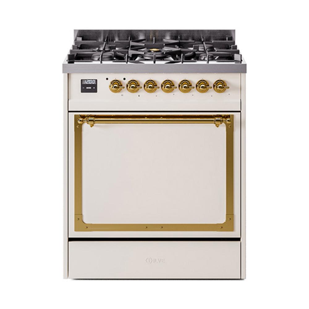 ILVE UN30QNMPAWGLP Nostalgie II Noblesse 30 inch Dual Fuel Range (Liquid Propane, Solid Door, Antique White, Brass)