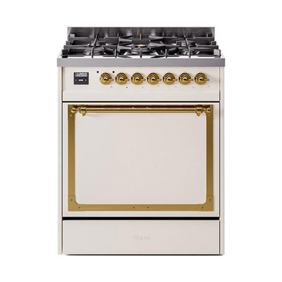 ILVE UN30QNMPAWGLP Nostalgie II Noblesse 30 inch Dual Fuel Range (Liquid Propane, Solid Door, Antique White, Brass)