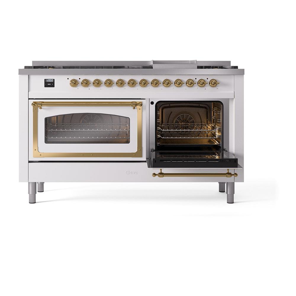 ILVE UN60FNMPWHG Nostalgie II Noblesse 60 inch Dual Fuel Range (9 Sealed Burners + Griddle, Natural Gas, Triple Glass Door, White, Brass)