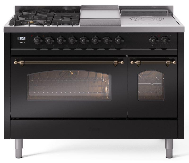 Nostalgie II 48 Inch Dual Fuel Natural Gas Freestanding Range in Glossy Black with Bronze Trim