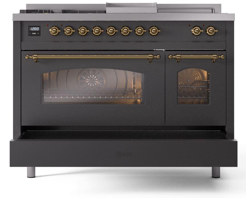 Nostalgie II 48 Inch Dual Fuel Liquid Propane Freestanding Range in Matte Graphite with Brass Trim