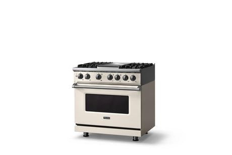 36"W. Dual Fuel Range (Burner: 4g, Finish: Pure White, Trim: Polished Chrome, Fuel: Natural Gas)