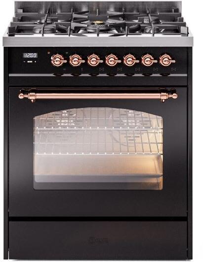 Nostalgie II 30 Inch Dual Fuel Natural Gas Freestanding Range in Glossy Black with Copper Trim