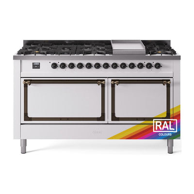 ILVE UN60FQNMPRABLP Nostalgie II Noblesse 60 inch Dual Fuel Range (9 Sealed Burners + Griddle, Liquid Propane, Solid Door, RAL, Burnished)