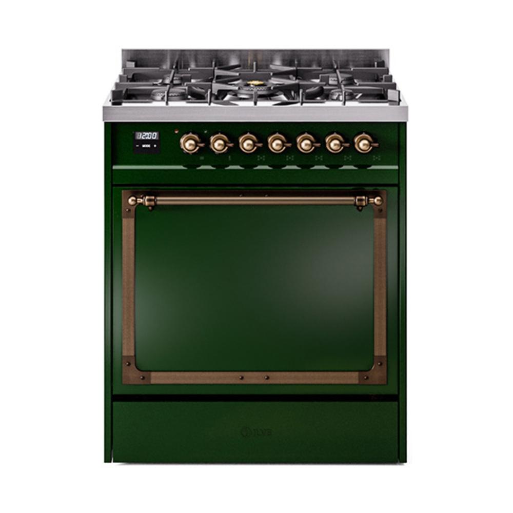 ILVE UN30QNMPEGBLP Nostalgie II Noblesse 30 inch Dual Fuel Range (Liquid Propane, Solid Door, Emerald Green, Burnished)