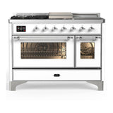 ILVE UM48FSNR3WHCLP Majestic III 48 inch Dual Fuel Range with 5 Black Brass Burners, Griddle and French Top, Dual Function Burner up to 25,000 BTU (Liquid Propane, Triple Glass Door, White, Chrome)