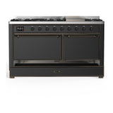 ILVE UM60FQNR3MGBLP Majestic III 60 inch Dual Fuel Range with 9 Burners and Griddle, Dual Function Burner up to 25,000 BTU (Liquid Propane, Solid Door, Graphite Matte, Burnished)