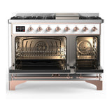 ILVE UM48FQNR3WHP Majestic III 48 inch Dual Fuel Range with 8 Burners and Griddle, Dual Function Burner up to 25,000 BTU (Natural Gas, Solid Door, White, Copper)