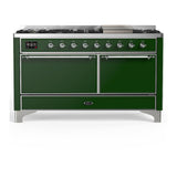ILVE UM60FQNR3EGC Majestic III 60 inch Dual Fuel Range with 9 Burners and Griddle, Dual Function Burner up to 25,000 BTU (Natural Gas, Solid Door, Emerald Green, Chrome)