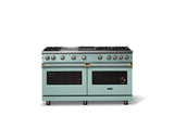 60"W. Sealed Burner Gas Range (Finish: Splash, Trim: Brushed Brass, Fuel: Propane)
