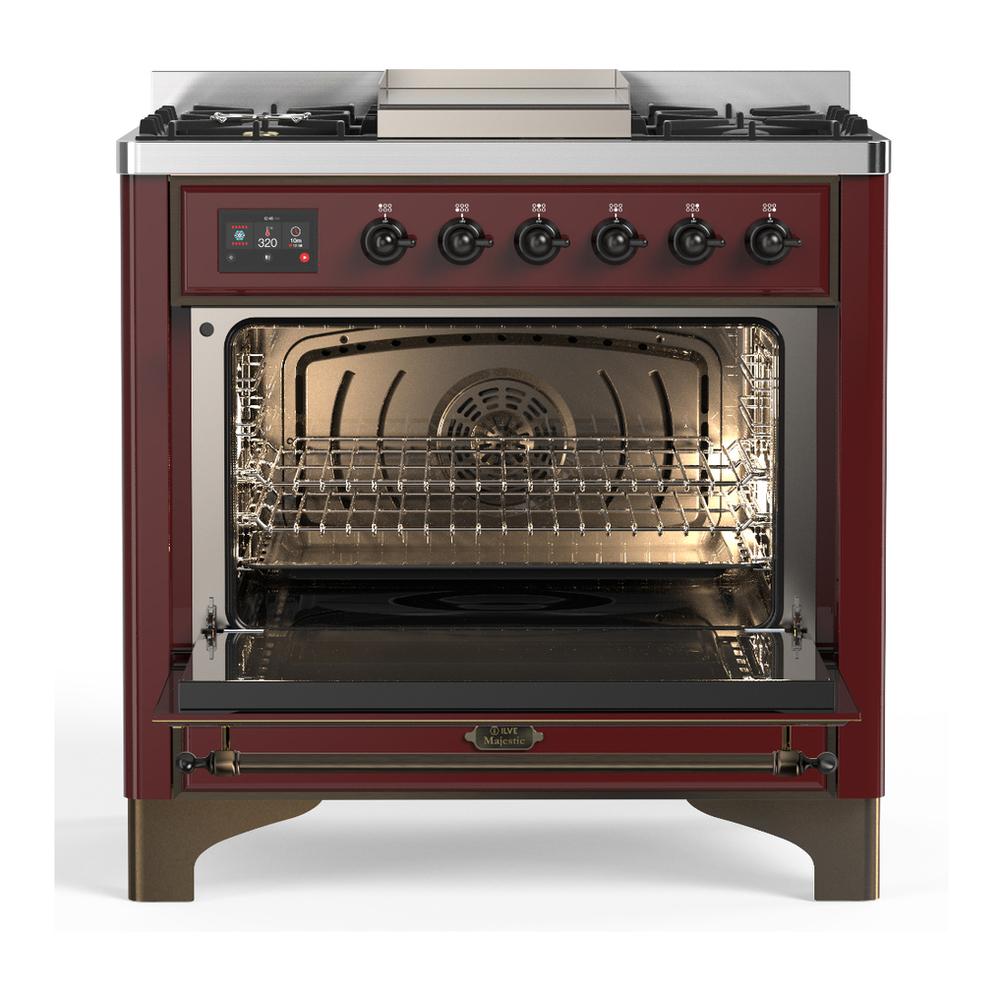 ILVE UM36FQNR3BUB Majestic III 36 inch Dual Fuel Range with 6 Black Brass Burners and Griddle, Dual Function Burner up to 25,000 BTU (Solid Door, Burgundy, Burnished, Natural Gas)
