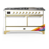 ILVE UM60FQNR3RAG Majestic III 60 inch Dual Fuel Range with 9 Burners and Griddle, Dual Function Burner up to 25,000 BTU (Natural Gas, Solid Door, RAL, Brass)