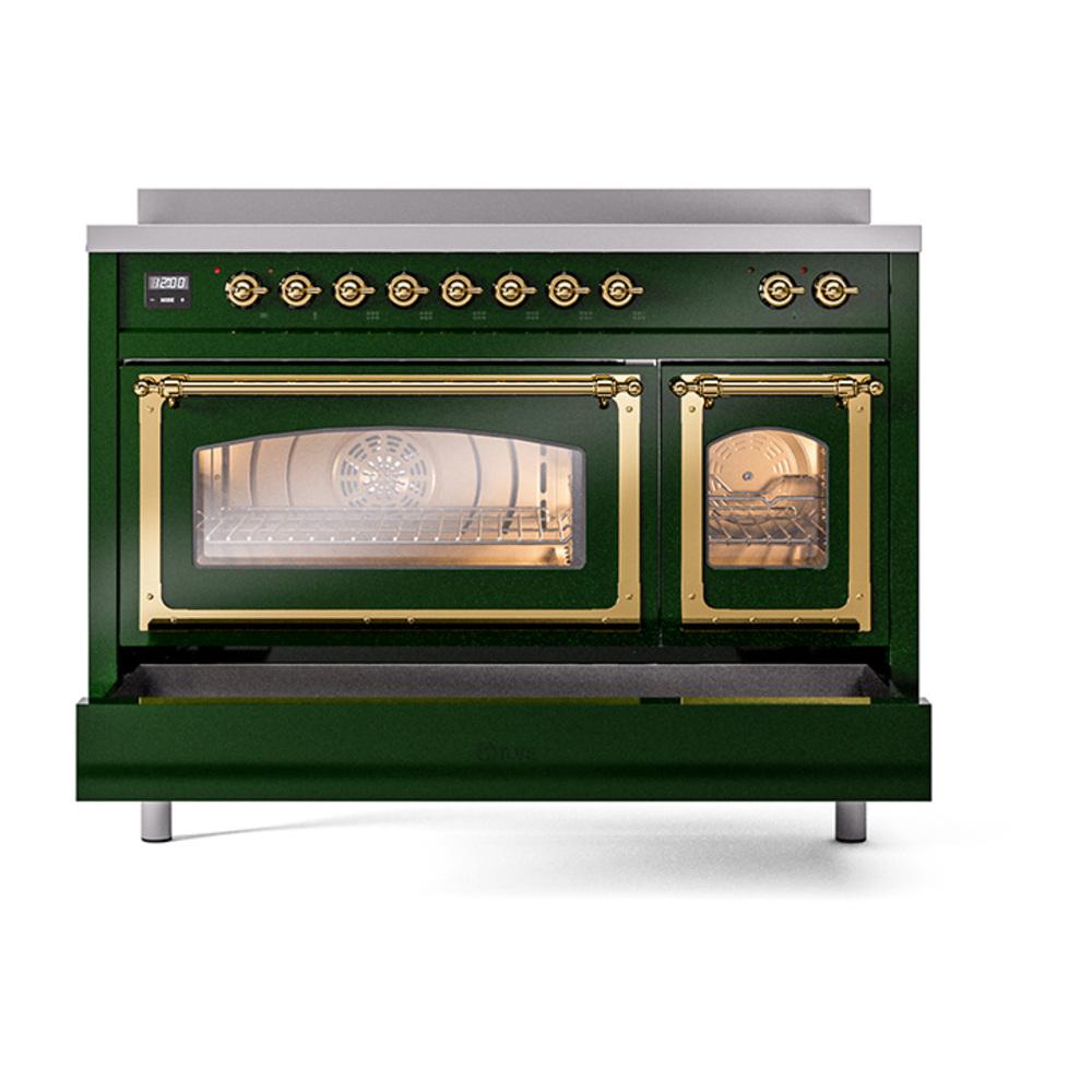 ILVE UNI486NMPEGG Nostalgie II Noblesse 48 inch Induction Range (Triple Glass Door, Emerald Green, Brass)