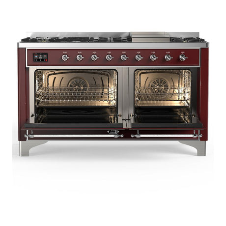 ILVE UM60FNR3BUC Majestic III 60 inch Dual Fuel Range with 9 Burners and Griddle, Dual Function Burner up to 25,000 BTU (Natural Gas, Triple Glass Door, Burgundy, Chrome)