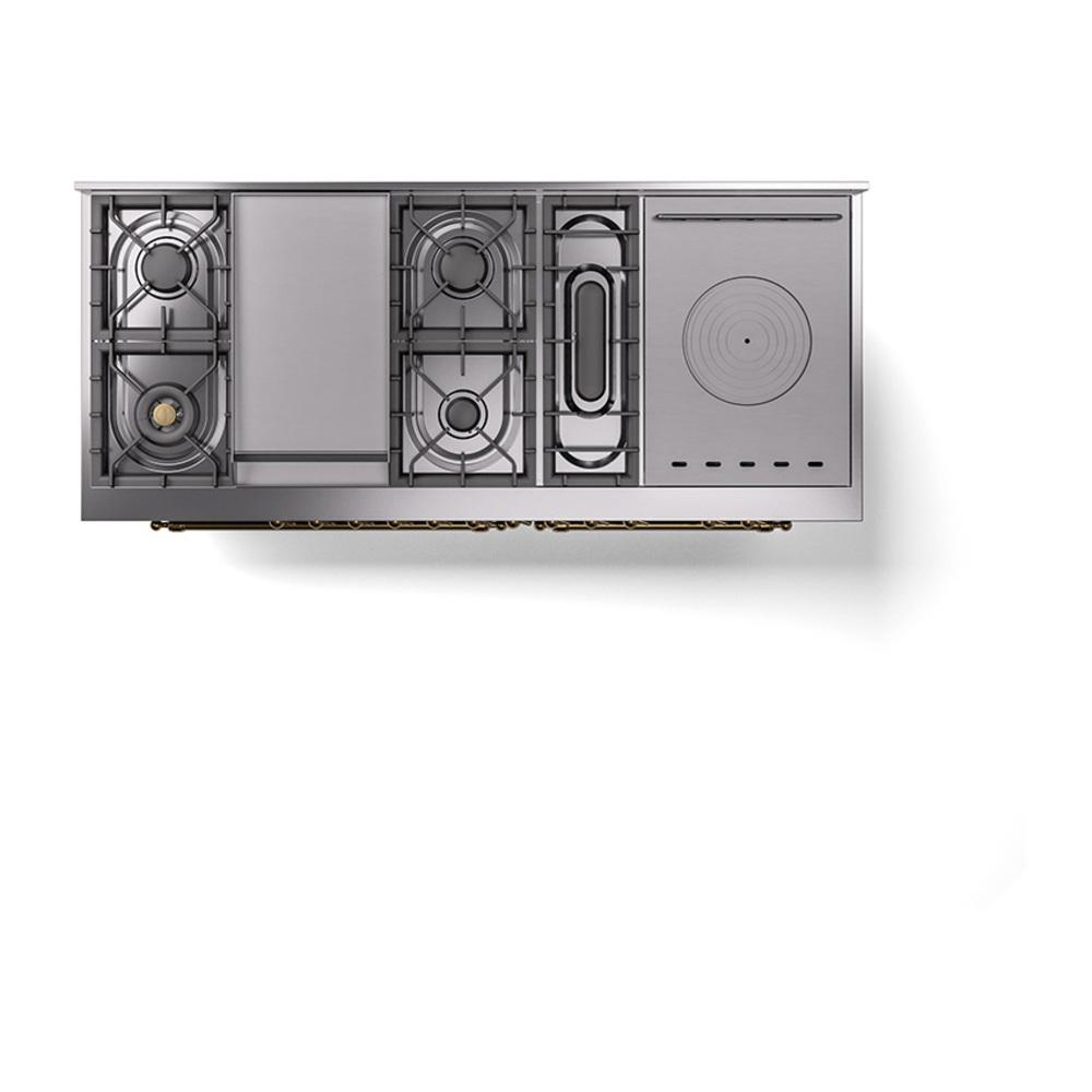 ILVE UN60FSQNMPBGG Nostalgie II Noblesse 60 inch Dual Fuel Range (7 Sealed Burners + Griddle + French Top, Natural Gas, Solid Door, Blue Grey, Brass)