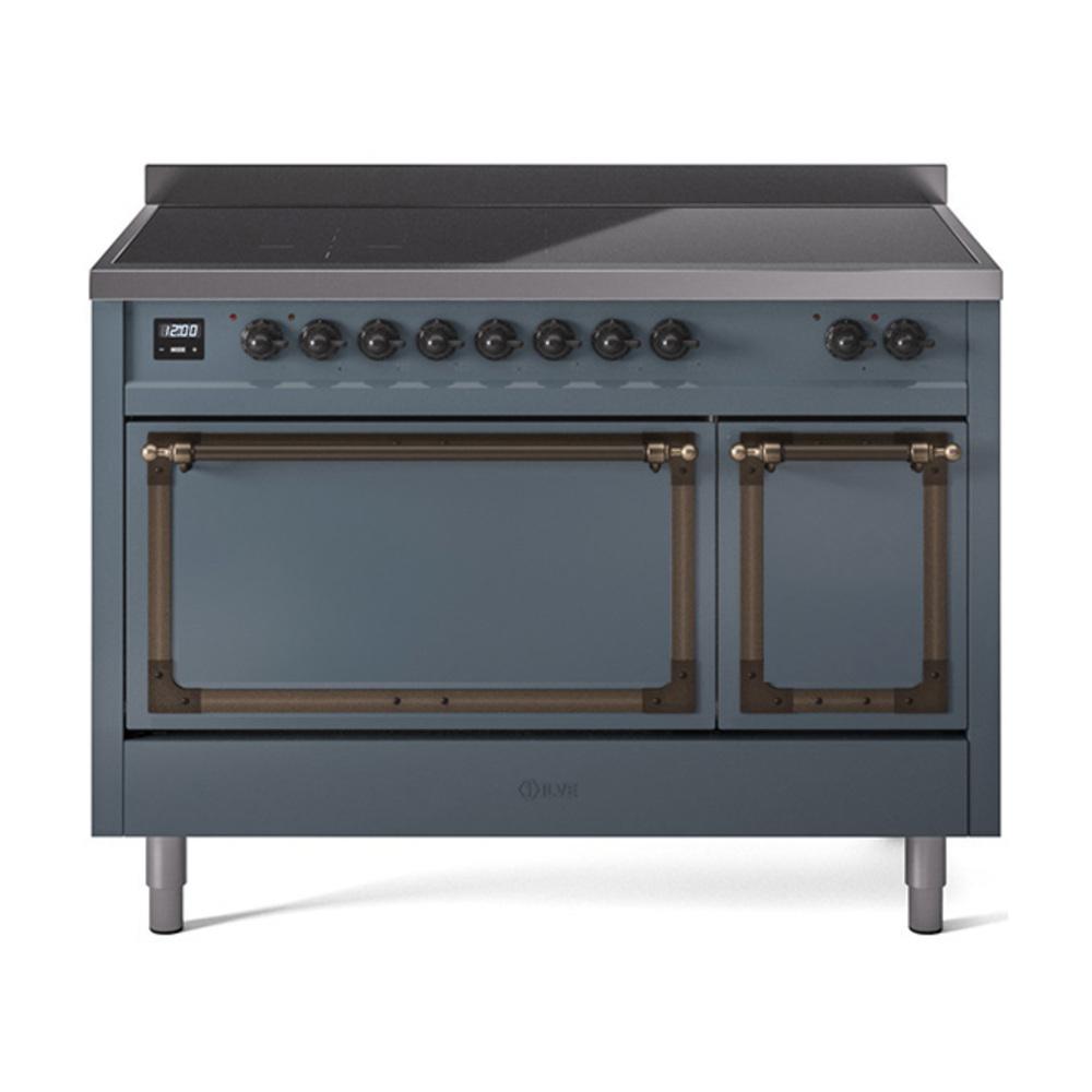 ILVE UNI486QNMPBGB Nostalgie II Noblesse 48 inch Induction Range (Solid Door, Blue Grey, Burnished)