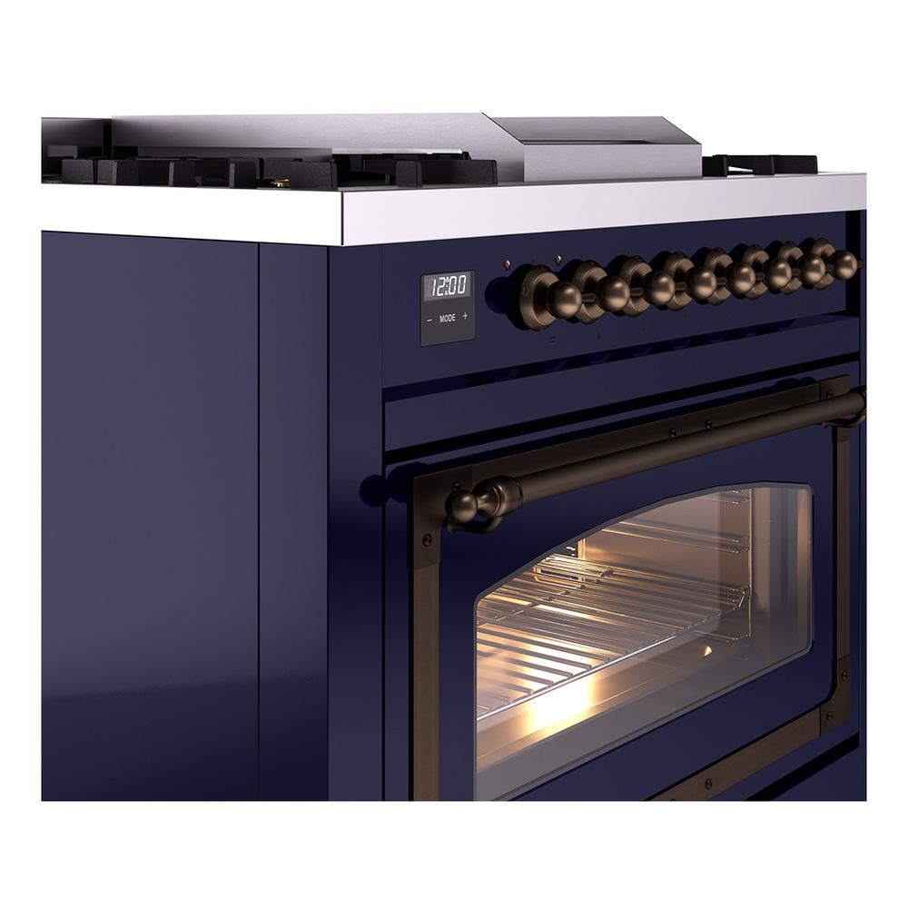 ILVE UN36FNMPMBB Nostalgie II Noblesse 36 inch Dual Fuel Range (Natural Gas, Triple Glass Door, Midnight Blue, Burnished)