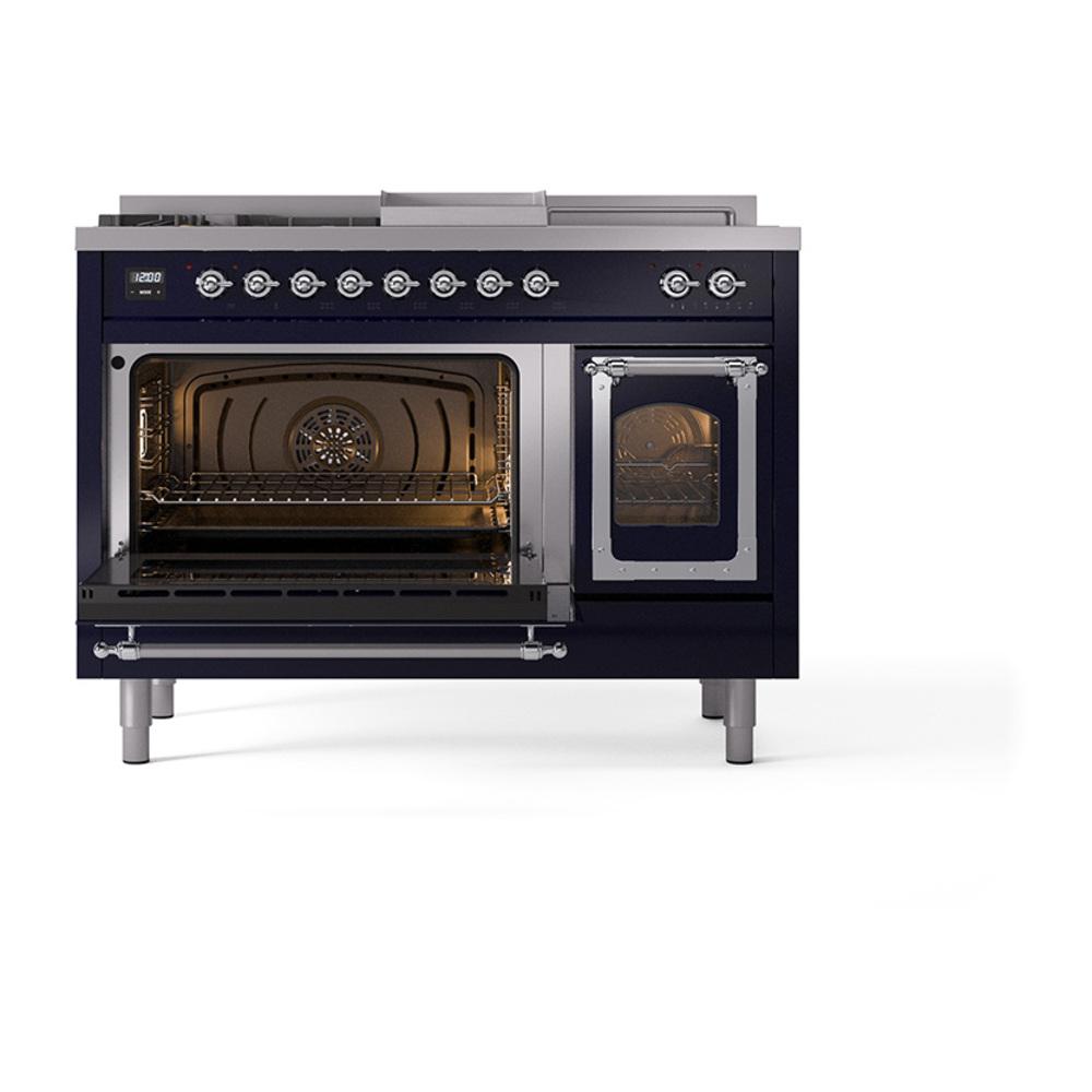 ILVE UN48FSNMPMBC Nostalgie II Noblesse 48 inch Dual Fuel Range (5 Sealed Burners + Griddle + French Top, Natural Gas, Triple Glass Door, Midnight Blue, Chrome)