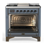 ILVE UM36FNR3BGB Majestic III 36 inch Dual Fuel Range with 6 Black Brass Burners and Griddle, Dual Function Burner up to 25,000 BTU (Triple Glass Door, Blue Grey, Burnished, Natural Gas)