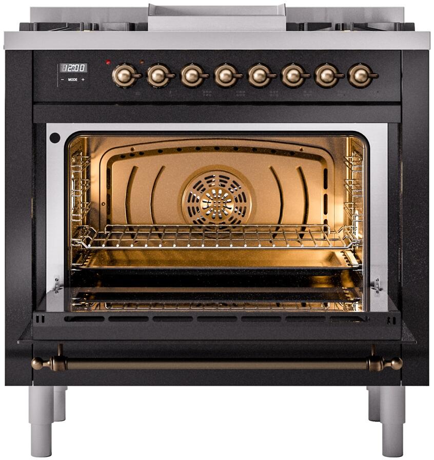 Nostalgie II 36 Inch Dual Fuel Natural Gas Freestanding Range in Glossy Black with Bronze Trim