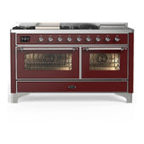 ILVE UM60FSNR3BUCLP Majestic III 60 inch Dual Fuel Range with 7 Burners, Griddle and French Top, Dual Function Burner with up to 25,000 BTU (Liquid Propane, Triple Glass Door, Burgundy, Chrome)