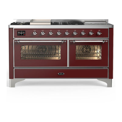 ILVE UM60FSNR3BUCLP Majestic III 60 inch Dual Fuel Range with 7 Burners, Griddle and French Top, Dual Function Burner with up to 25,000 BTU (Liquid Propane, Triple Glass Door, Burgundy, Chrome)