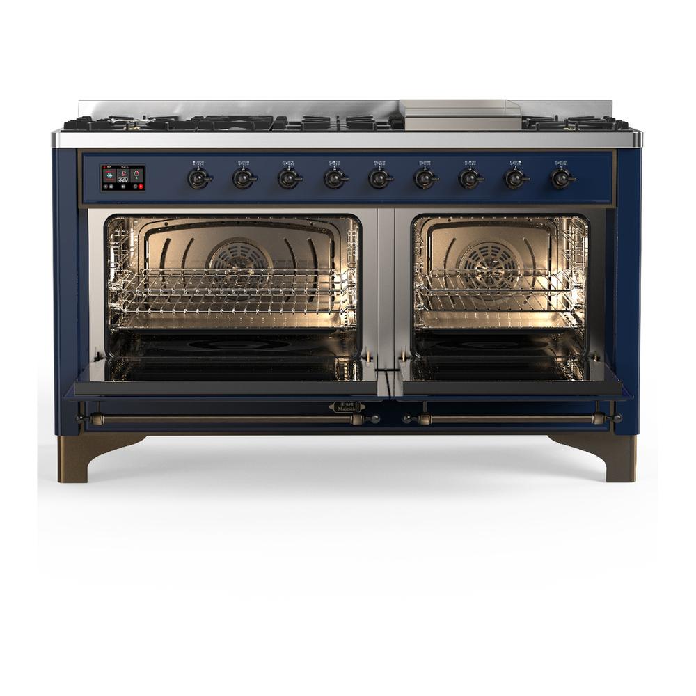 ILVE UM60FQNR3MBB Majestic III 60 inch Dual Fuel Range with 9 Burners and Griddle, Dual Function Burner up to 25,000 BTU (Natural Gas, Solid Door, Midnight Blue, Burnished)