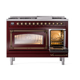 ILVE UN48FNMPBUB Nostalgie II Noblesse 48 inch Dual Fuel Range (8 Sealed Burners + Griddle, Natural Gas, Triple Glass Door, Burgundy, Burnished)