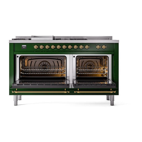 ILVE UN60FSQNMPEGG Nostalgie II Noblesse 60 inch Dual Fuel Range (7 Sealed Burners + Griddle + French Top, Natural Gas, Solid Door, Emerald Green, Brass)