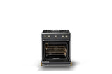 30"W. Sealed Burner Gas Range (Finish: Cast Black, Trim: Brushed Brass, Fuel: Propane)