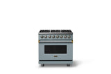 36"W. Dual Fuel Range (Burner: 6b, Finish: November Sky, Trim: Brushed Brass, Fuel: Propane)