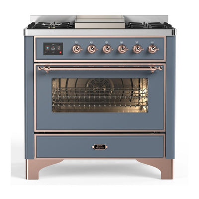 ILVE UM36FNR3BGPLP Majestic III 36 inch Dual Fuel Range with 6 Black Brass Burners and Griddle, Dual Function Burner up to 25,000 BTU (Triple Glass Door, Blue Grey, Copper, Liquid Propane)