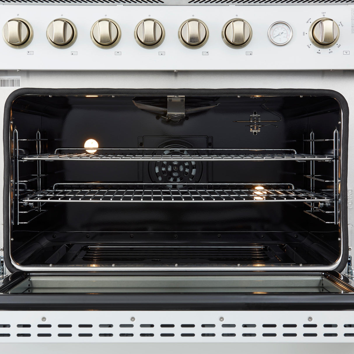 Marco 36-Inch Gas Range White & Antique Brass Design, 6 Burners 67,000 BTU, 5.36 cu.ft. Convection Oven