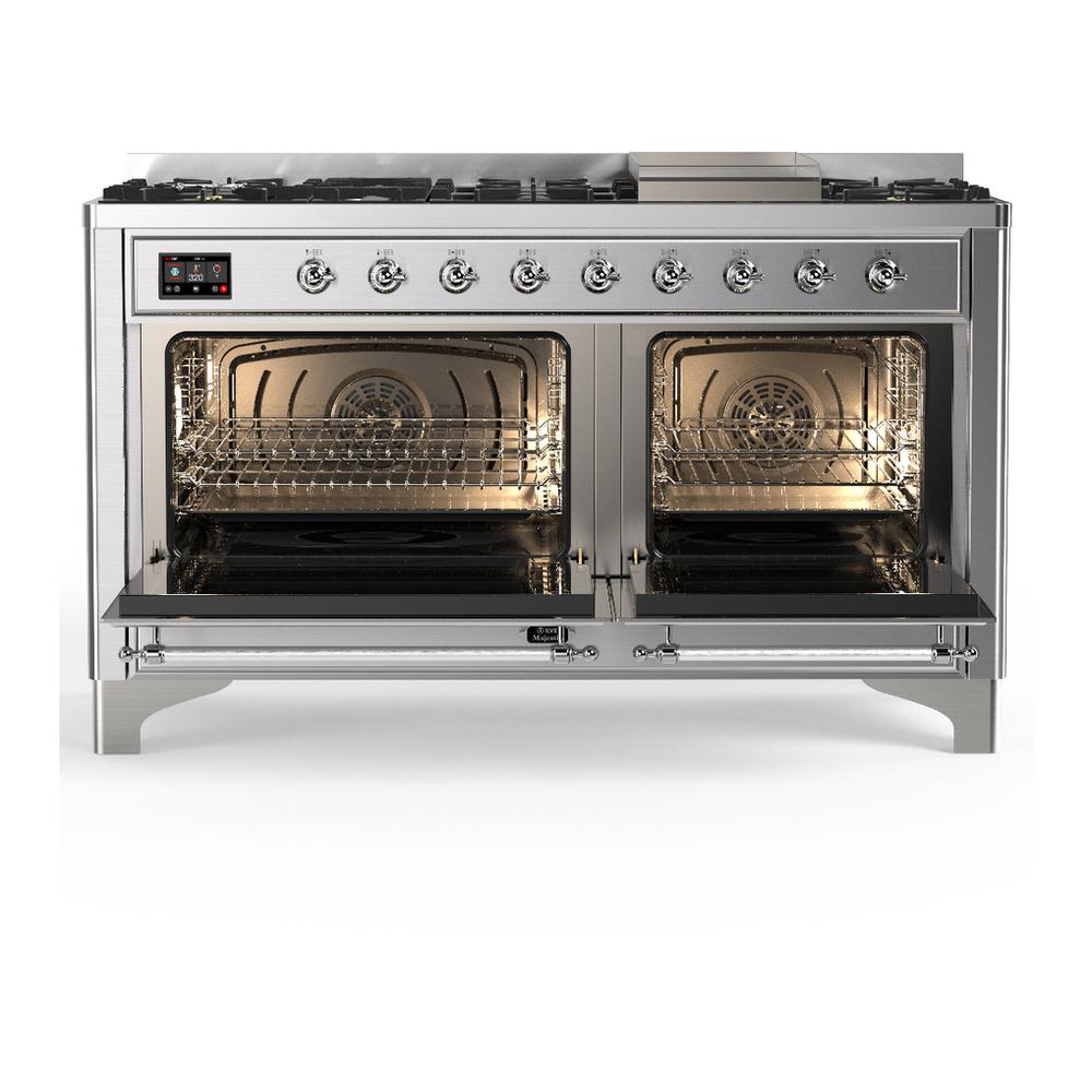 ILVE UM60FNR3SSC Majestic III 60 inch Dual Fuel Range with 9 Burners and Griddle, Dual Function Burner up to 25,000 BTU (Natural Gas, Triple Glass Door, Stainless Steel, Chrome)