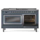 ILVE UN60FSNMPBGC Nostalgie II Noblesse 60 inch Dual Fuel Range (7 Sealed Burners + Griddle + French Top, Natural Gas, Triple Glass Door, Blue Grey, Chrome)