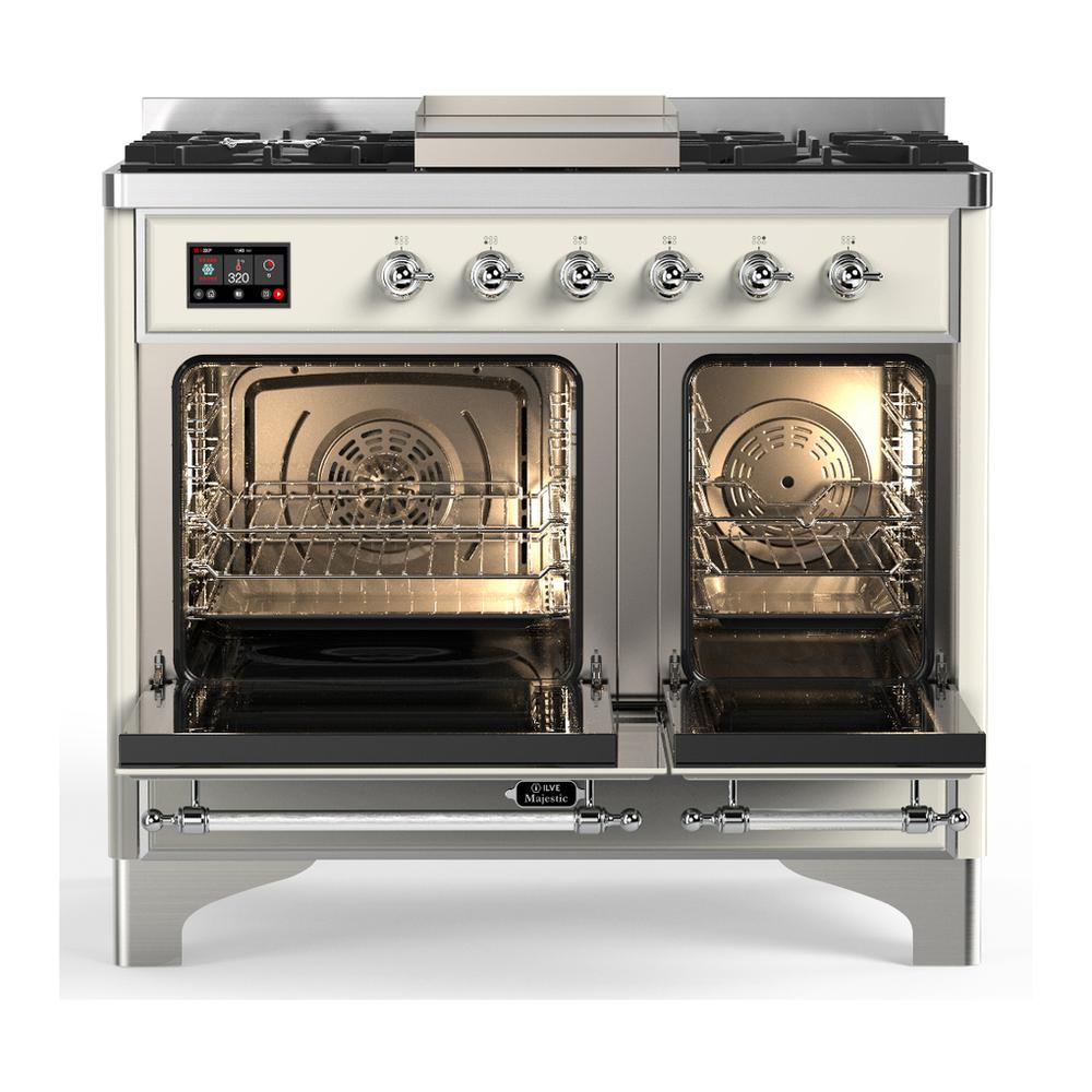 ILVE UMD40FQNR3AWC Majestic III 40 inch Dual Fuel Range with 6 Burners and Griddle, Dual Function Burner up to 25,000 BTU (Natural Gas, Solid Door, Antique White, Chrome)